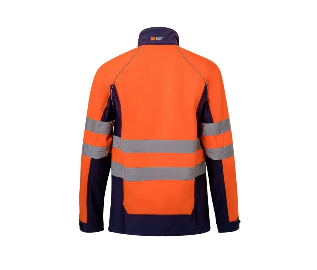 Zweifarbige Warnschutz-Softshelljacke – Warnorange / Marine – Rückansicht