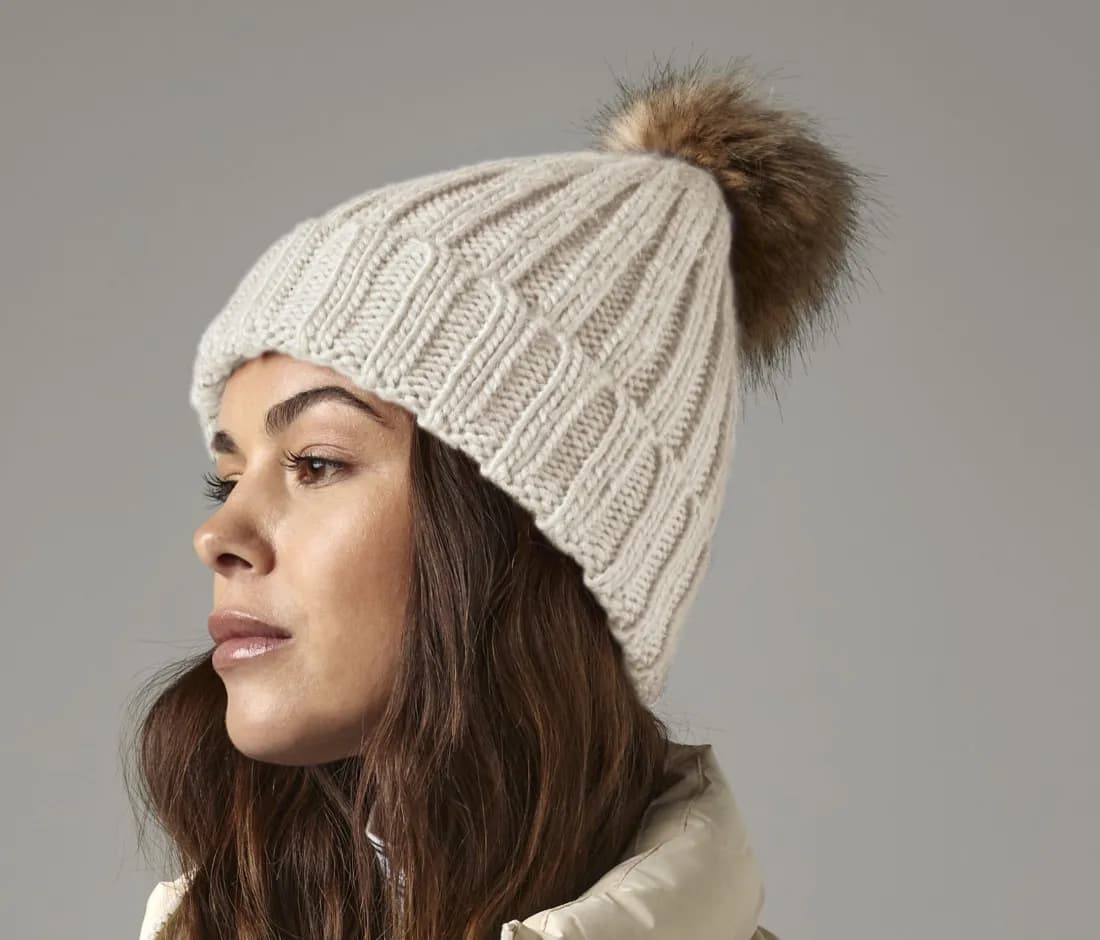 Faux Fur Pop Pom Chunky Beanie