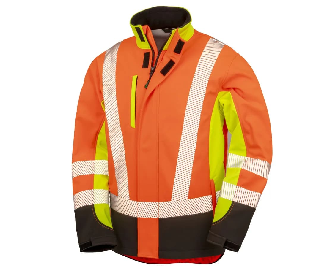 Recycelte Warnschutz-Softshelljacke 3-lagig – Warngelb / Warnorange / Schwarz
