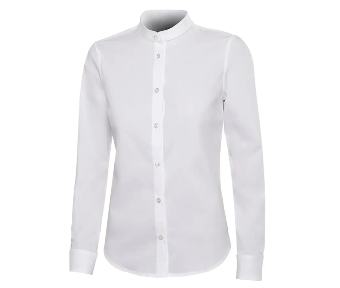 Damen Stretchbluse Langarm mit Mao-Kragen – Weiss