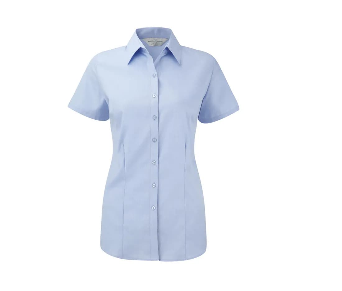 Damen Fischgrat-Bluse Kurzarm, tailliert – Hellblau