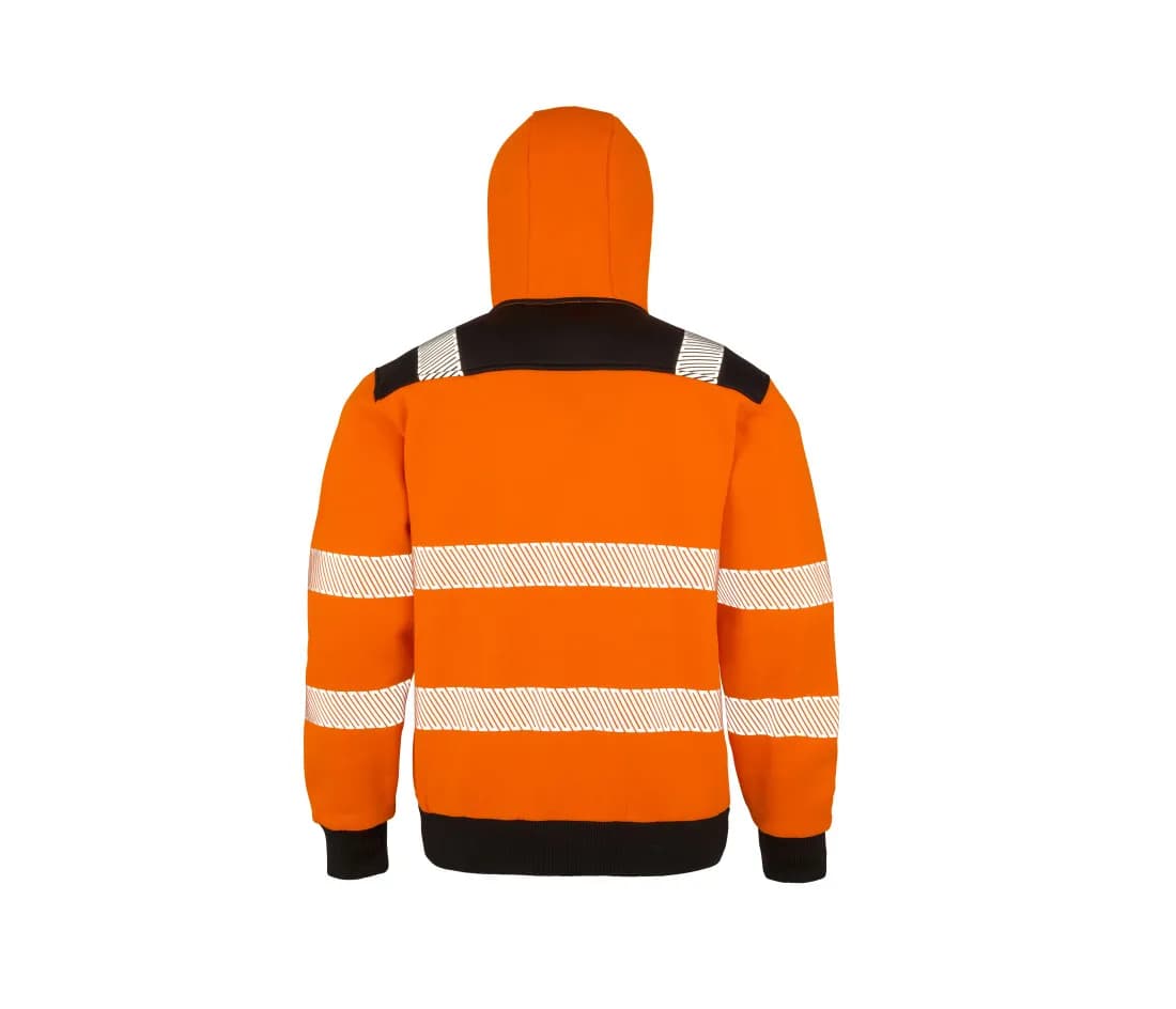 Recycelter Warnschutz-Hoodie mit Reissverschluss – Warnorange / Schwarz – Rückansicht