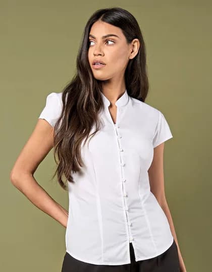 Tailored Fit Mandarin Collar Poplin Blouse Cap Sleeve