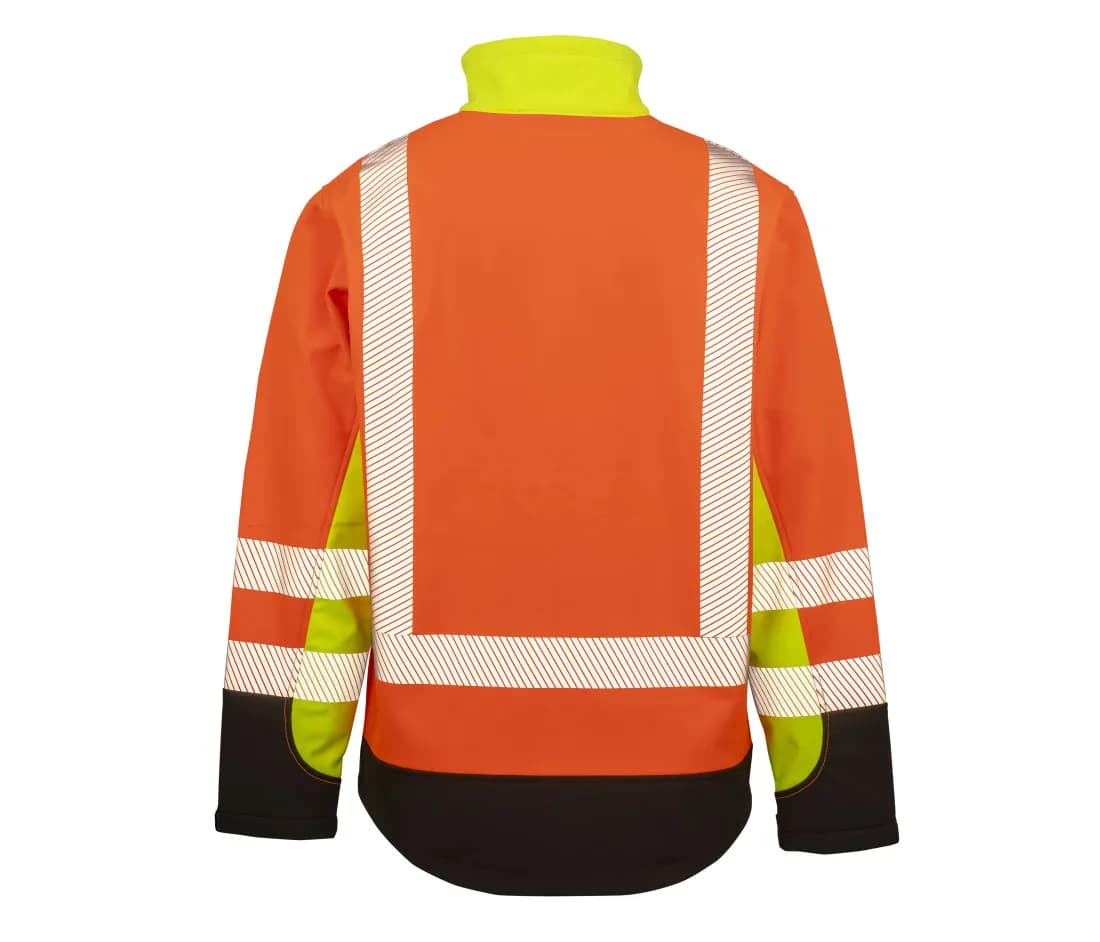 Recycelte Warnschutz-Softshelljacke 3-lagig – Warngelb / Warnorange / Schwarz – Rückansicht