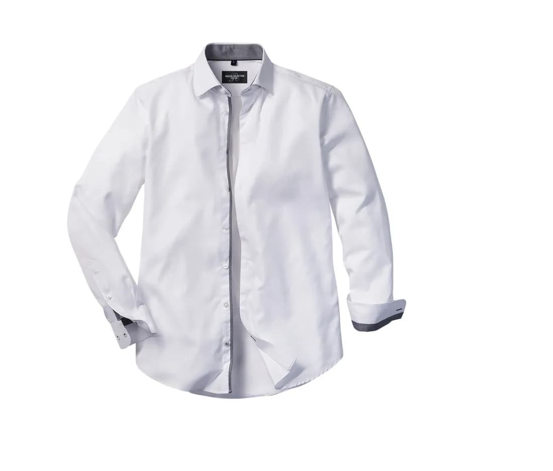 Herren Fischgrat-Langarmhemd tailliert mit Kontrast – Weiss / Silber / Grau