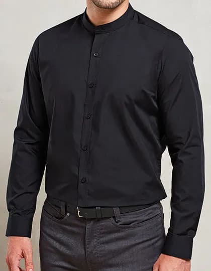 Men’s Banded Collar Grandad Long Sleeve Shirt – Schwarz