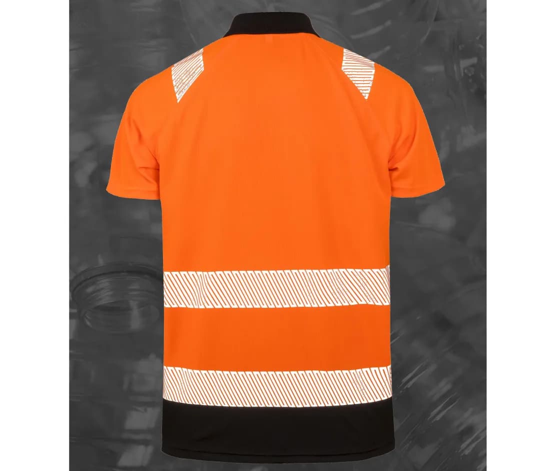 Recyceltes Warnschutz-Poloshirt – Warnorange / Schwarz – Rückansicht