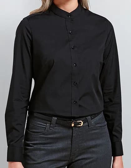 Women’s Banded Collar Grandad Shirt – Schwarz