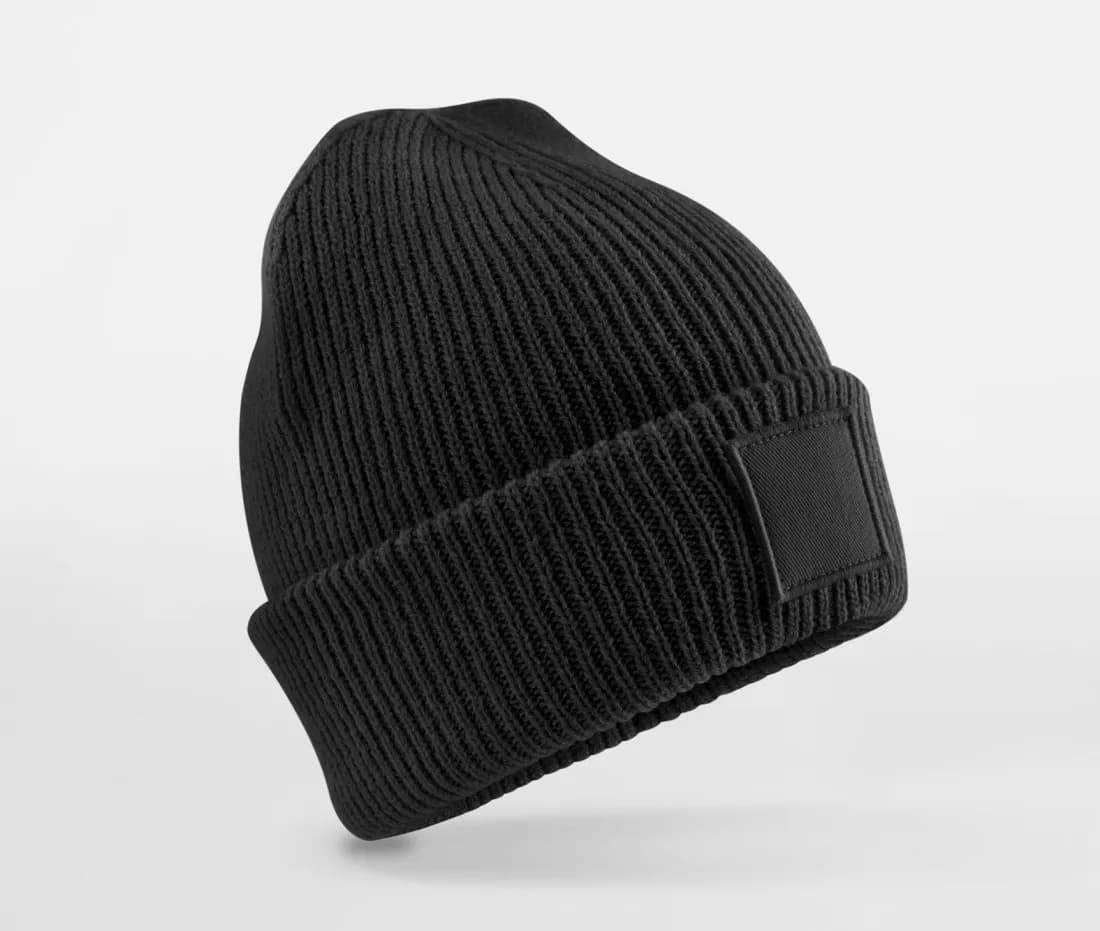 Kinder Beanie mit breitem Umschlag und Patch – Schwarz