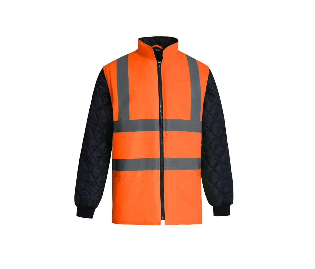 Warnschutz-Steppjacke mit abnehmbaren Ärmeln – Warnorange / Marine