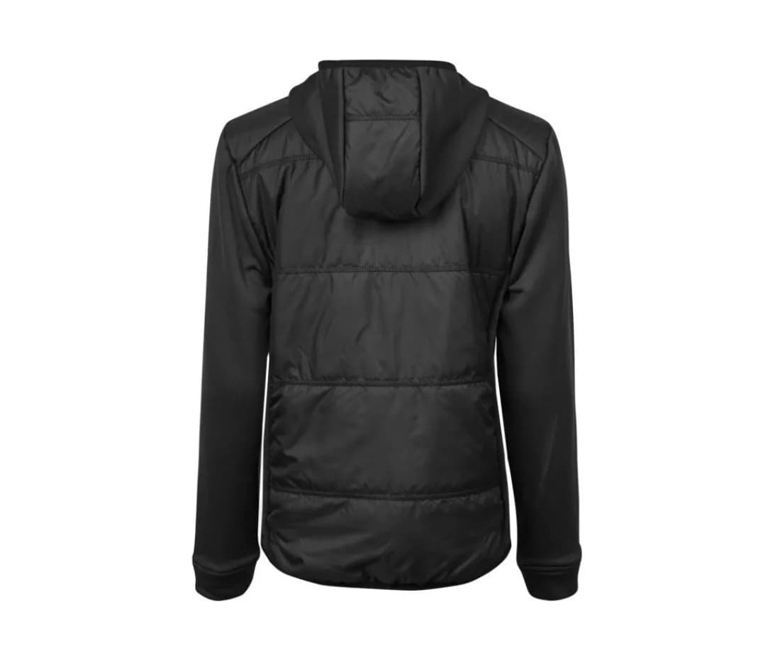 Damen Hybrid-Stretchjacke mit Kapuze – Schwarz – Rückansicht