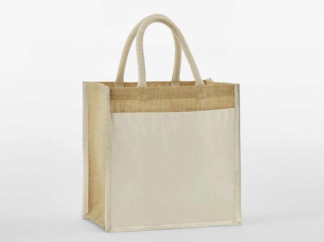 Sac shopping midi en jute amidonné, poche coton – Naturel