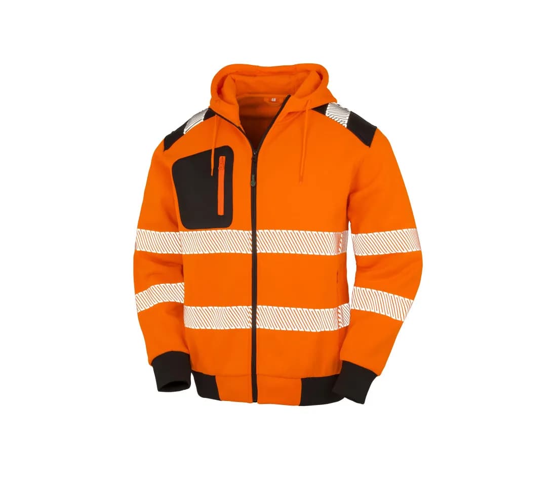 Recycelter Warnschutz-Hoodie mit Reissverschluss – Warnorange / Schwarz