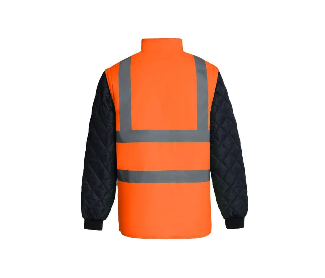 Warnschutz-Steppjacke mit abnehmbaren Ärmeln – Warnorange / Marine – Rückansicht