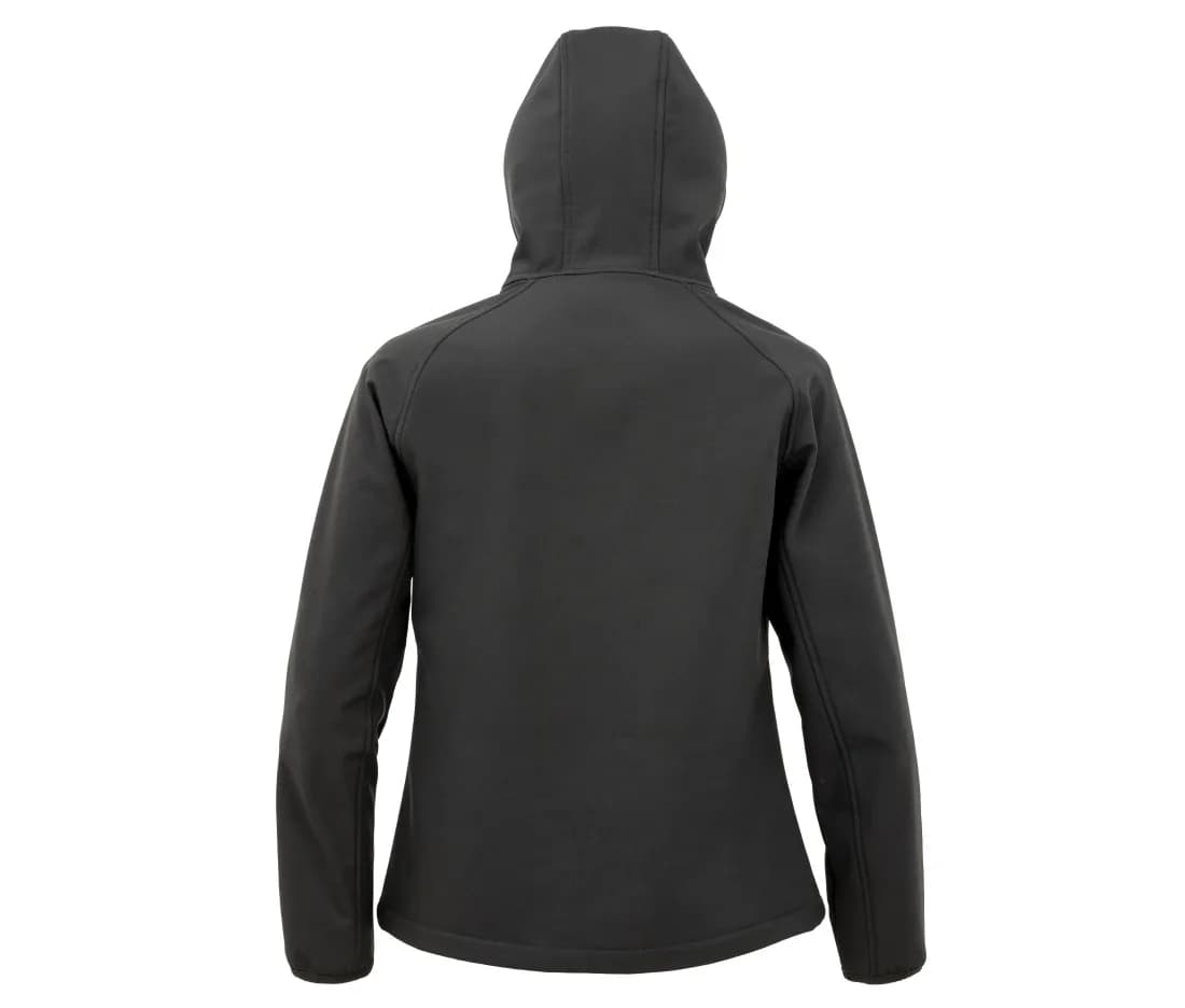 Damen recycelte 3-Lagen-Softshelljacke mit Kapuze – Schwarz – Rückansicht