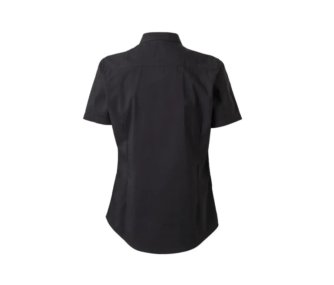 Damen Stretchbluse Kurzarm mit Stehkragen – Schwarz – Rückansicht