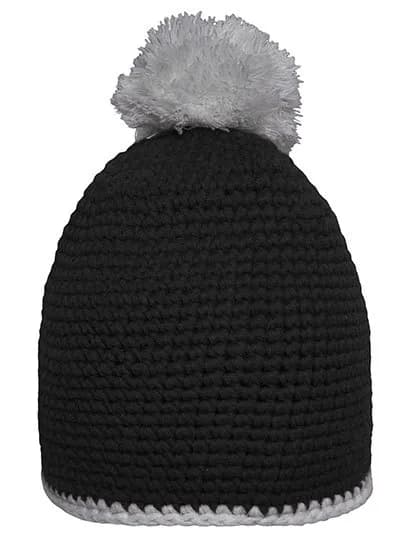 Pompon Hat With Contrast Stripe – Schwarz / Hellgrau