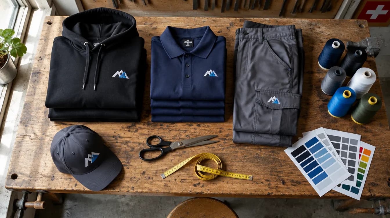 Sweat à capuche, polo, pantalon de travail et casquette avec logo sur un établi, à côté de bobines de fil