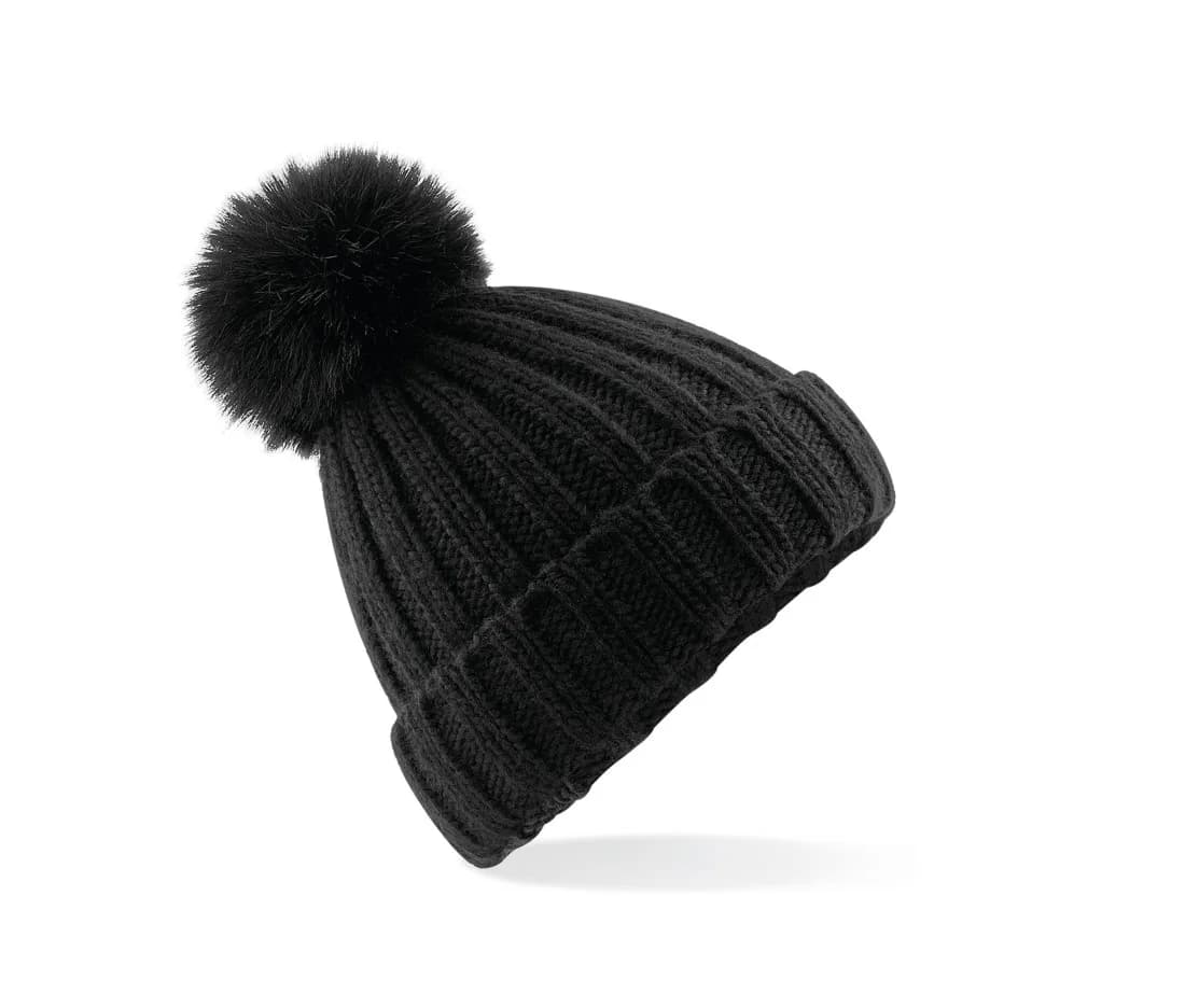 Verbier Faux Fur Pop Pom Chunky Beanie – Schwarz